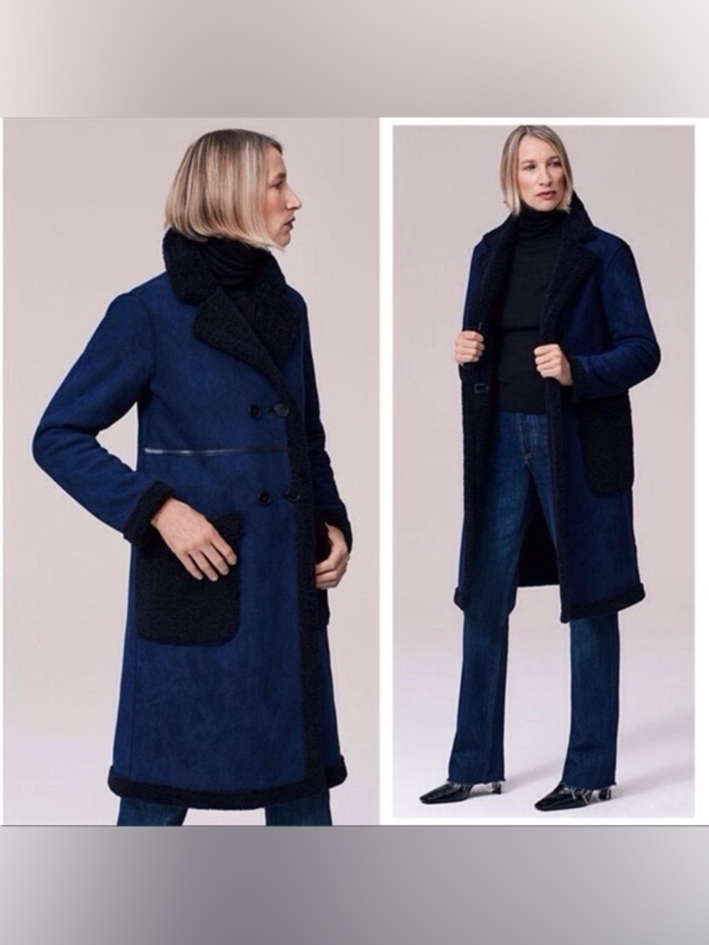 Zara Woman Suede Navy Coat with Black Shearling Trim